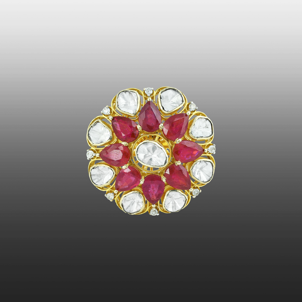 Floral Polki Ring with Central Uncut polki and Red Cut Stone